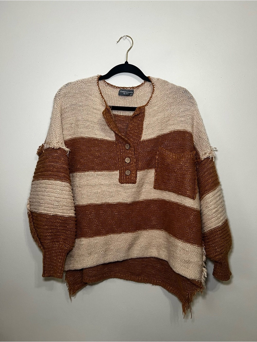 Striped Henley Pullover Sweater in Brown and Cream